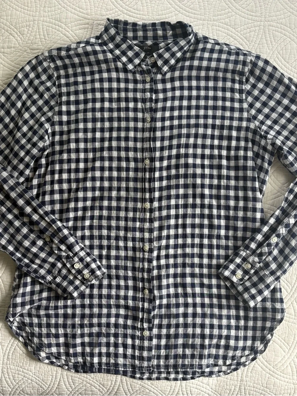 J. Crew Navy and White Gingham Button-Down Shirt - Women's Top